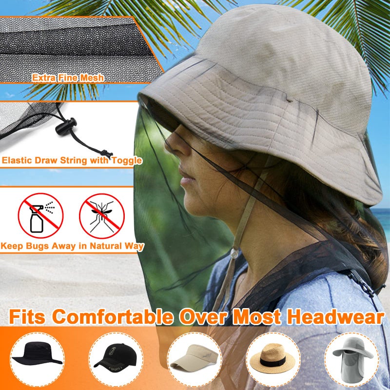 Benvo Mosquito Head Net Mesh, Face Neck Fly Netting Hood from Bugs Gnats Noseeums Screen Net for Any Outdoor Lover- with Carry Bags Fits Most Sizes of Hats Caps (2pcs, Black and Grey, Updated Big Net) - Image 3